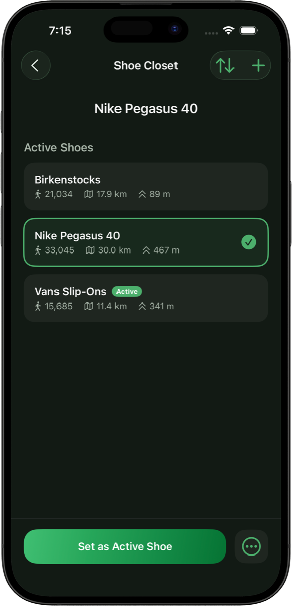 Trekka shoe closet showing active shoes with distance and elevation.